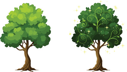 Two green trees with glowing magical light, fantasy nature illustration, environmental beauty concept, forest energy and natural magic design © Kartik Creative