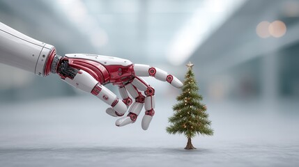 christmas A robotic hand reaches for a small Christmas tree.