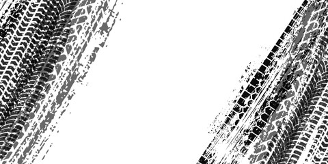 Diagonal tire tracks with grunge texture and rough skid pattern. Dirty wheel imprints with aggressive motion effect isolated on white background. Realistic automotive vector illustration.