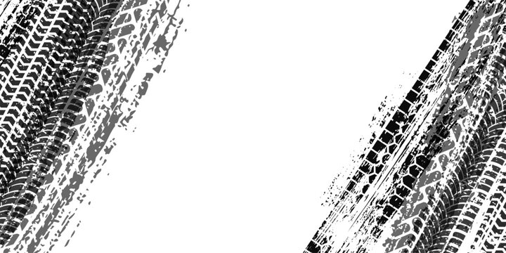 Diagonal tire tracks with grunge texture and rough skid pattern. Dirty wheel imprints with aggressive motion effect isolated on white background. Realistic automotive vector illustration.