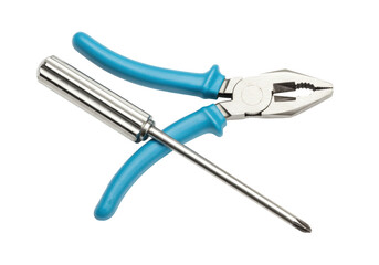 Isolated tools for repairs, a screwdriver and pliers sit crossed on a clean surface