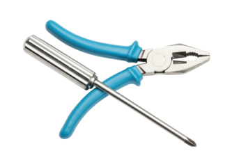 Isolated tools for repairs, a screwdriver and pliers sit crossed on a clean surface
