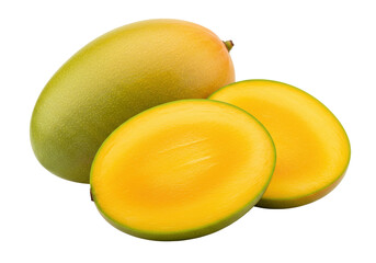 Isolated Mangoes, one whole and two halves, delicious exotic tropical fruit food ingredient