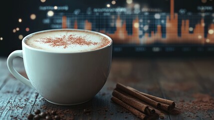 White coffee cup with cinnamon, cocoa, and sticks, on a wooden table, with blurred digital background