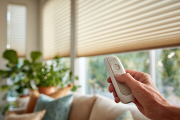 Hand holding remote control in bright living room