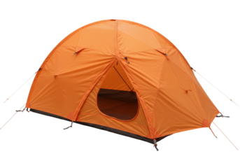Isolated orange dome tent, camping or backpacking equipment, outdoor shelter for adventure