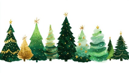 Row of watercolor christmas trees with green and gold colors