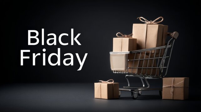 shopping cart with gift boxes and text "Black Friday" on black background - Powered by Adobe
