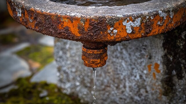 Close-up shows a rustic, corroded metal structure with water dripping onto a stone surface