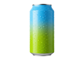 Isolated refreshment cold beverage can, condensation droplets on vibrant gradient surface