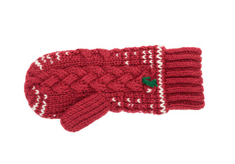 Isolated red knitted mitten with white pattern for winter holidays, Christmas time