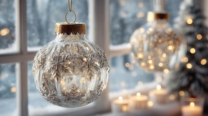 christmas Decorative holiday ornaments with a snowy window backdrop.