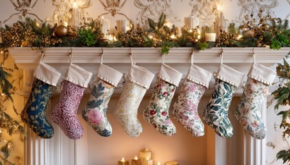 a set of christmas stockings with various patterns and colors, hanging on the fireplace for decoration