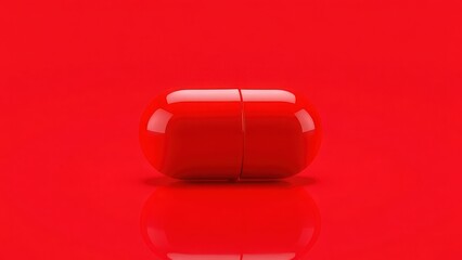 A vibrant red capsule positioned on a matching red background, showcasing its glossy finish and shape.