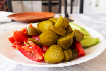 View of fresh pickled vegetables on a plate. Vegetables..