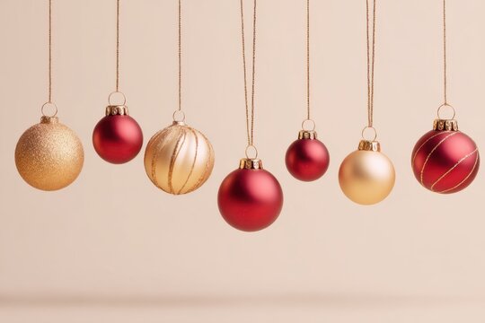 a set of red and gold christmas ornaments hanging on strings, isolated against a white background