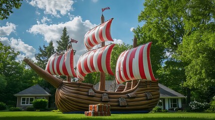 Decorative wooden ship with red and white sails displayed in green garden

