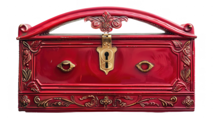 Ornate red metal chest object on transparent background