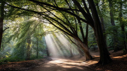 Obraz premium Beautiful forest background for screensaver. with sunbeams. Calm close-up of fairytale forest and nature landscape, panorama. Summer vacation, holiday, amazing nature.