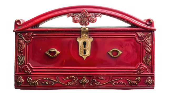 Ornate red metal chest object on transparent background
