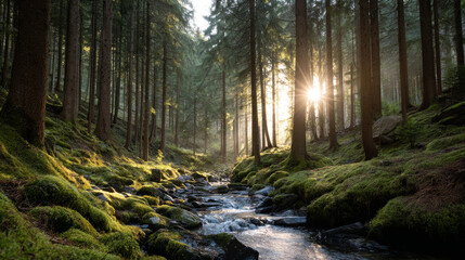 Obraz premium Beautiful forest background for screensaver. with sunbeams. Calm close-up of fairytale forest and nature landscape, panorama. Summer vacation, holiday, amazing nature.