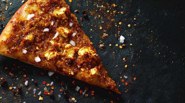 Indian slice topped with curry and paneer, spices scattered, overhead layout
