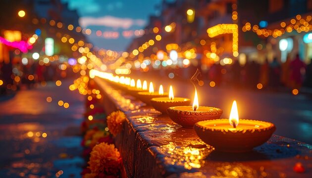 Row of Lit Clay Oil Lamps (Diyas) During Deepavali in Singapore. Festive Street Lights and Bokeh Background in Little India