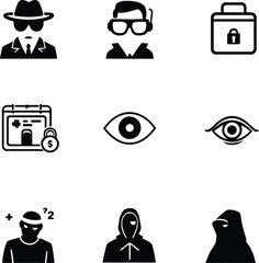 Collection of black and white security and mystery icons in a nine panel arrangement on white background