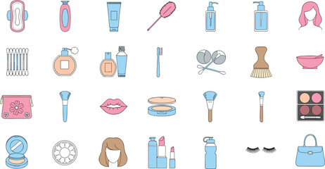 Beauty and makeup accessories collection, cosmetic tools, skincare items, brushes, lipstick, perfume, mirror, and bag illustration for design