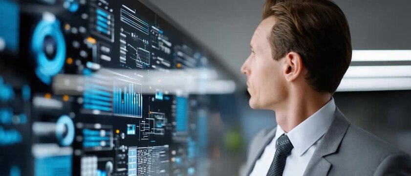 Analysing Data: A focused individual studies a complex array of information displayed on a massive screen, embodying technological sophistication and data analysis.