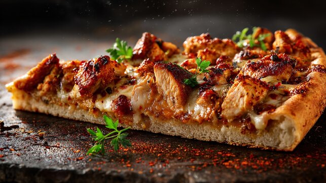 Indian tandoori chicken pizza slice on rustic clay surface, spice dusted
