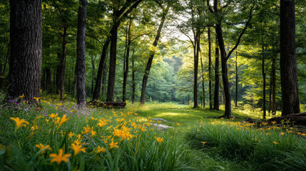 Beautiful forest background for screensaver. with sunbeams. Calm close-up of fairytale forest and nature landscape, panorama. Summer vacation, holiday, amazing nature.
