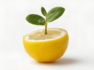 Lemon fruit with sapling growing out of it in isolated studio setup