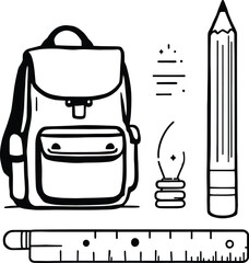 A simple line drawing of a backpack, pencil, ruler, and pen nib on a white background surface