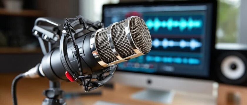 Studio Microphone: A professional studio microphone is meticulously positioned, with a computer monitor displaying audio waveforms in the background, set against a wooden desk setting