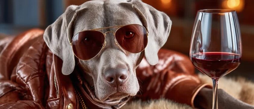 Canine Connoisseur: A sophisticated canine, donned in stylish sunglasses and a leather jacket, lounges beside a glass of fine wine, exuding an air of refinement and leisure.