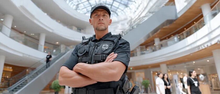 Guard's Vigil: A confident guard stands tall within a modern architectural expanse, showcasing his authority and dedication to security in a sophisticated setting.