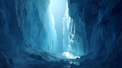 Inside a glacier ice cavern with towering blue walls and light streaming from above into a frozen canyon. Concept Glacier ice cavern interior, Towering blue walls, Light streaming from above
