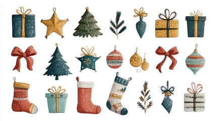 christmas element clipart set, christmas tree toys and decoration icons isolated on a white background