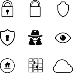 Collection of security and privacy icons displayed in a grid format on a white background