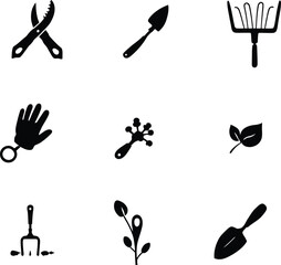 A collection of gardening tools and plant elements arranged in a grid pattern on white background