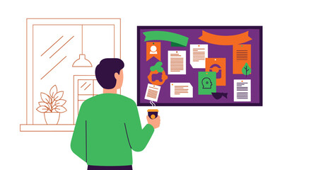 Man Standing By Bulletin Board With Papers and Notes Attached