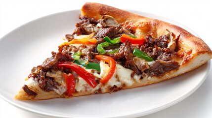 Korean-style pizza slice topped with bulgogi, isolated on white porcelain plate