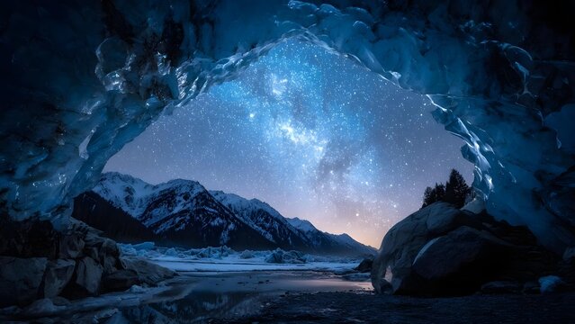 Fototapeta Starry night sky with the Milky Way visible, framed by an icy cave arch, overlooking snow‑capped mountains and a frozen lake. Concept Milky Way night sky, icy cave arch, snow-capped mountains