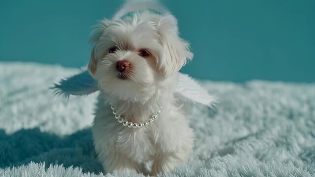 Maltese puppy with angel wing costume and pearl necklace sitting on fluffy blanket licking its nose footage