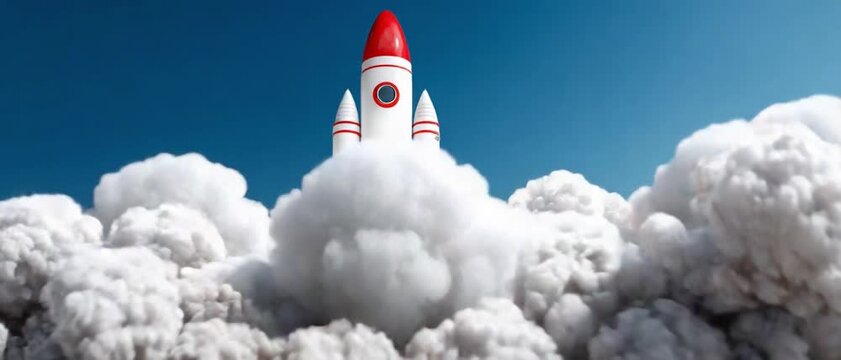 Soaring Ambition: A rocket erupts from a cloud of smoke, symbolizing the launch of groundbreaking innovations and audacious dreams, set against a backdrop of a vibrant blue sky. 