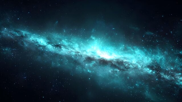Edge-on galaxy glowing turquoise across a star-filled space background. Concept Edge-on Galaxy, Turquoise Glow, Star-filled Space, Deep Space Photography, Cosmic Night Sky