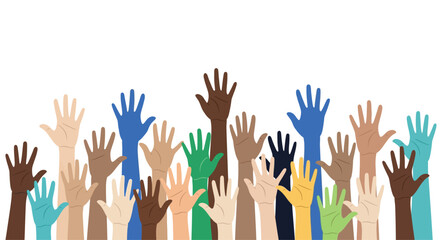 Fototapeta premium Diverse Raised Hands Vector Illustration: Community, Unity, Participation, Voting, and Support in Flat Design Style on White Background