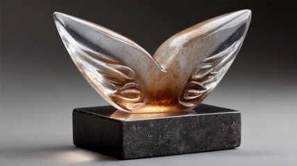 Glass sculpture of angel wings on a dark base.
