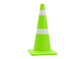 Isolated traffic cone in bright green color, road safety, construction area, caution sign